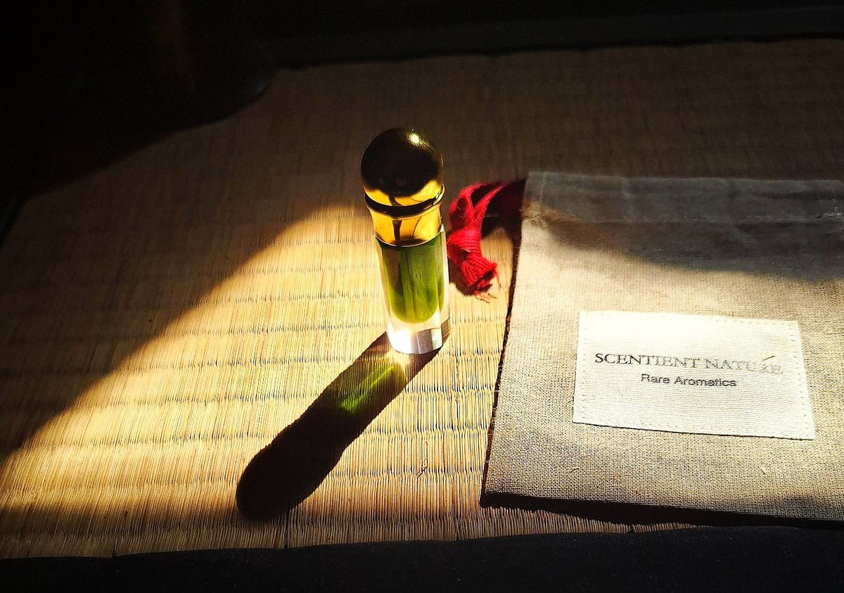 A small glass perfume bottle with a gold cap containing emerald green inula graveolens essential oil sits on a woven mat beside a beige drawstring pouch labeled 'SCENTIENT NATURE -Rare Aromatics' and a gurgundy ribbon, under dramatic direct sunlight created a strong chiaroscuro.